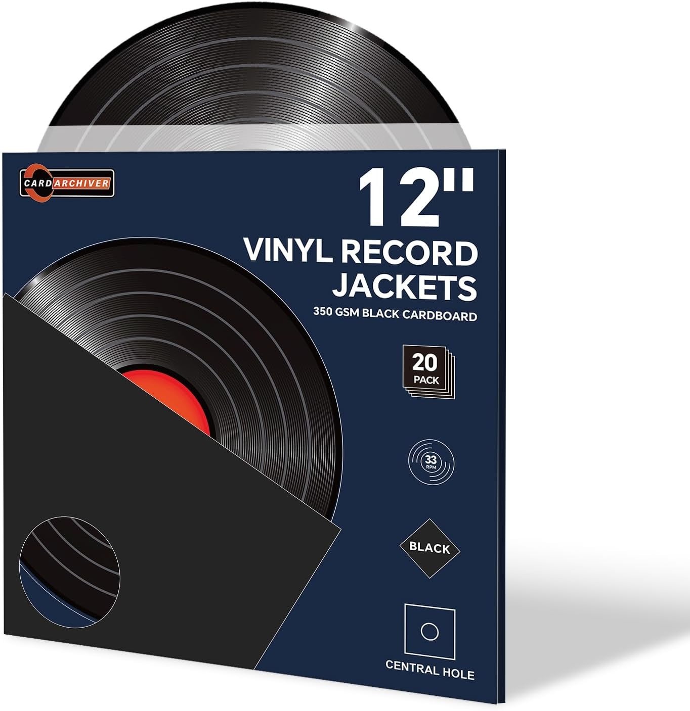 20PCS 12 Inch Black Vinyl Record Jackets, Thick Cardboard Sleeves with Center Ho