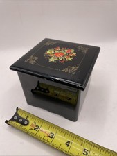 Vintage Black Floral Wooden Music Box Jewelry Ring Box Sankyo Japan Wind-Up Lid picture