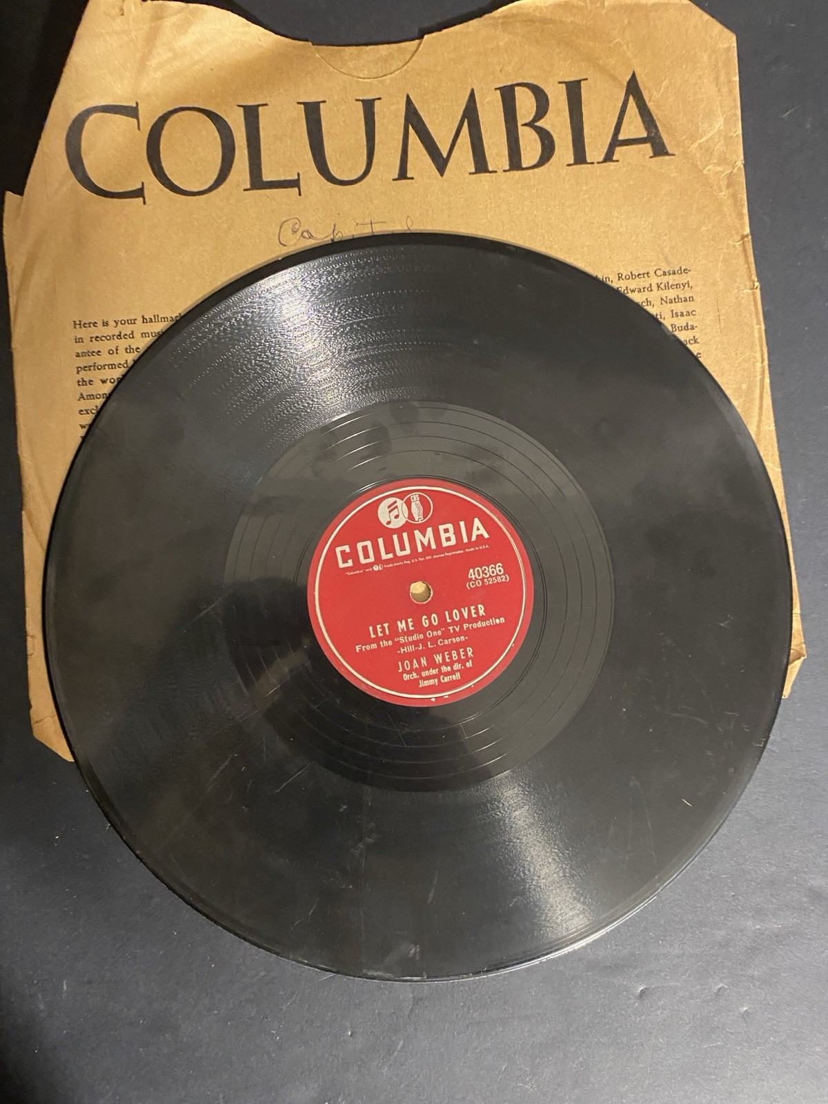 RARE Vintage Joan Weber Let Me Go Lover 78 RPM Columbia 40366 Shellac Record