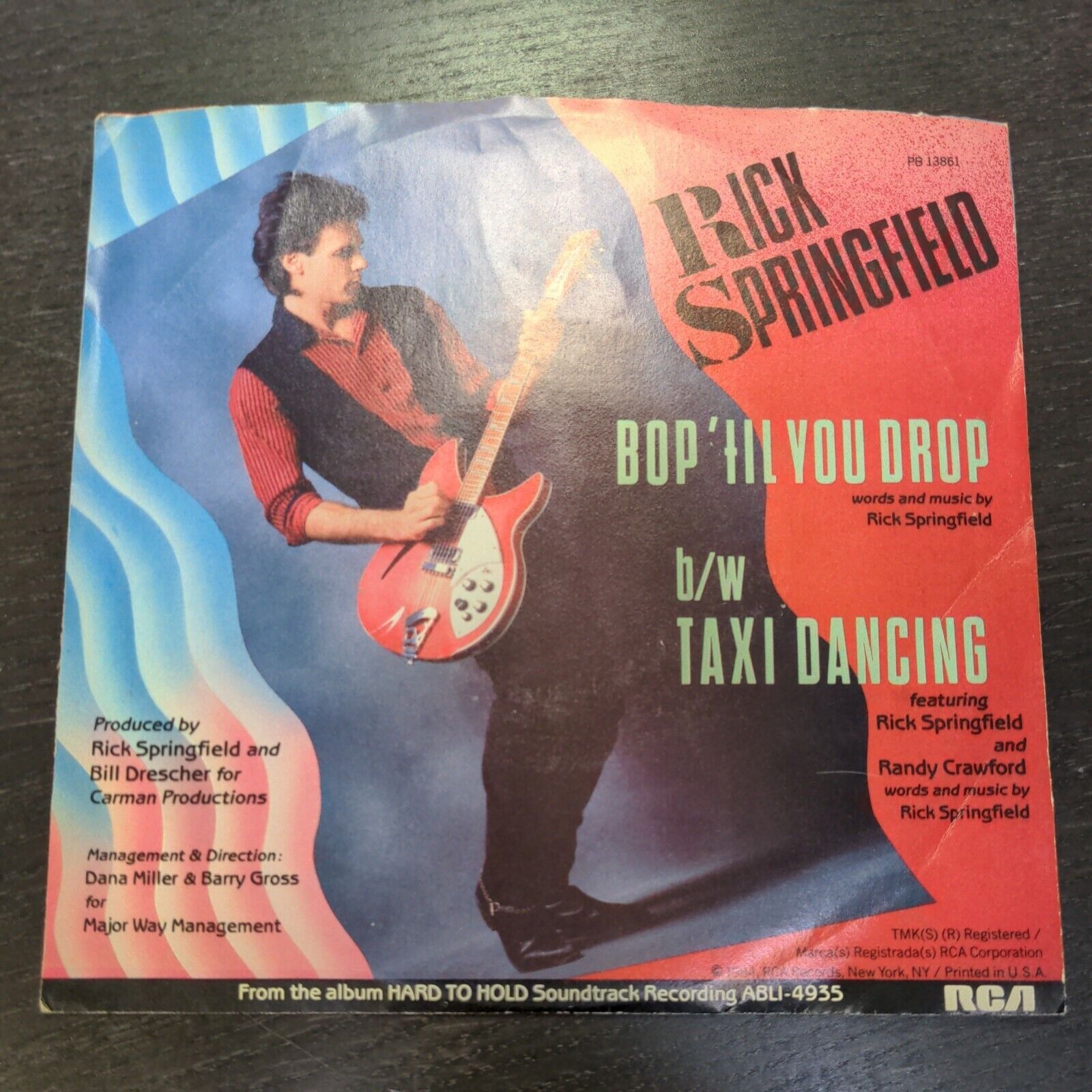 45 RPM Rick Springfield Bop 'Til You Drop/Taxi Dancing w/ Picture Sleeve VG