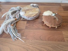 Handcrafted Native-Inspired Drums & Basket Set With Feathers Beads & Leather picture
