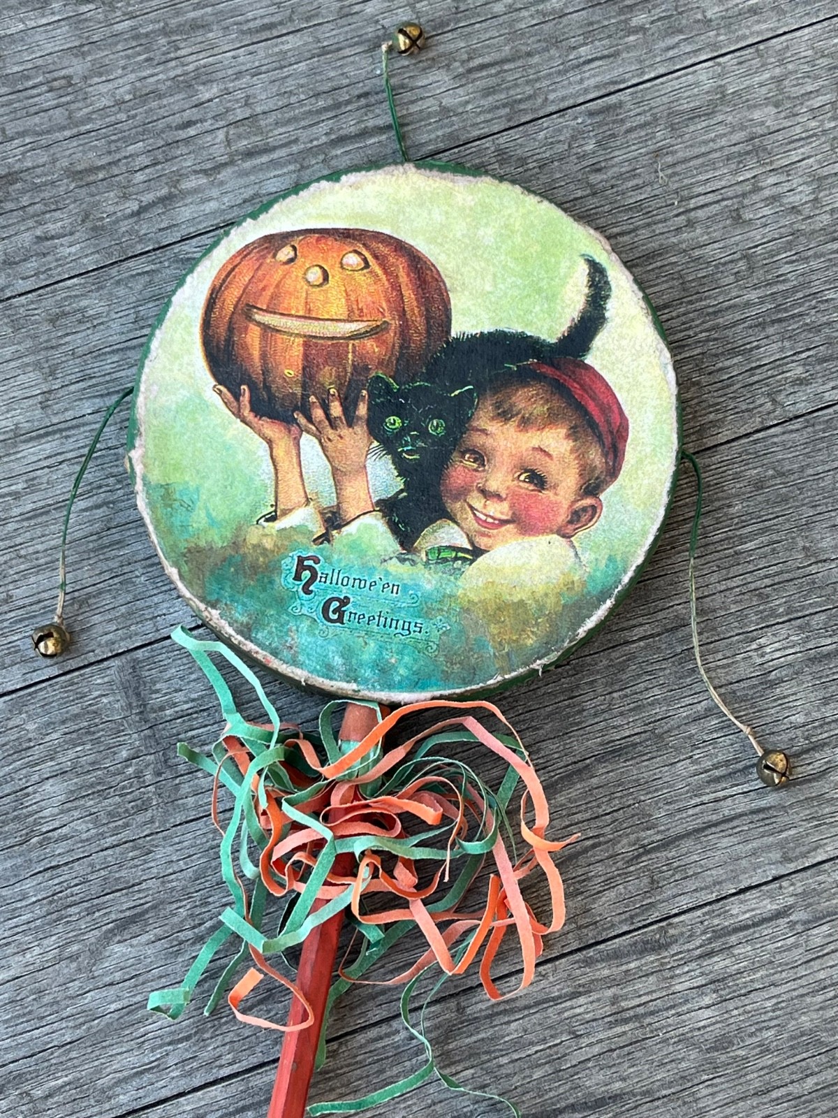 Vintage  2002 Halloween Spin Drum Wood & Cardboard Noisemaker w/ Paper Streamers