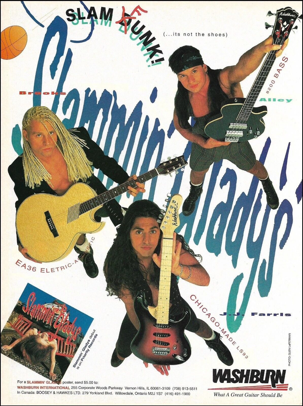 Slammin\' Gladys Washburn EA36 Acoustic B200 Bass LS93 Guitar 1992 ad print
