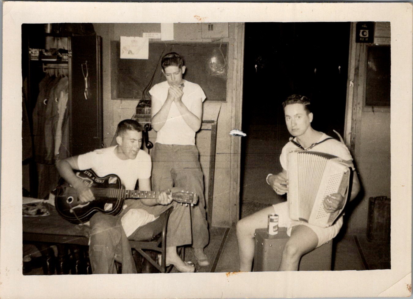 1950s Korean War Era GIs Playing Guitar Harmonica & Accordion Photograph