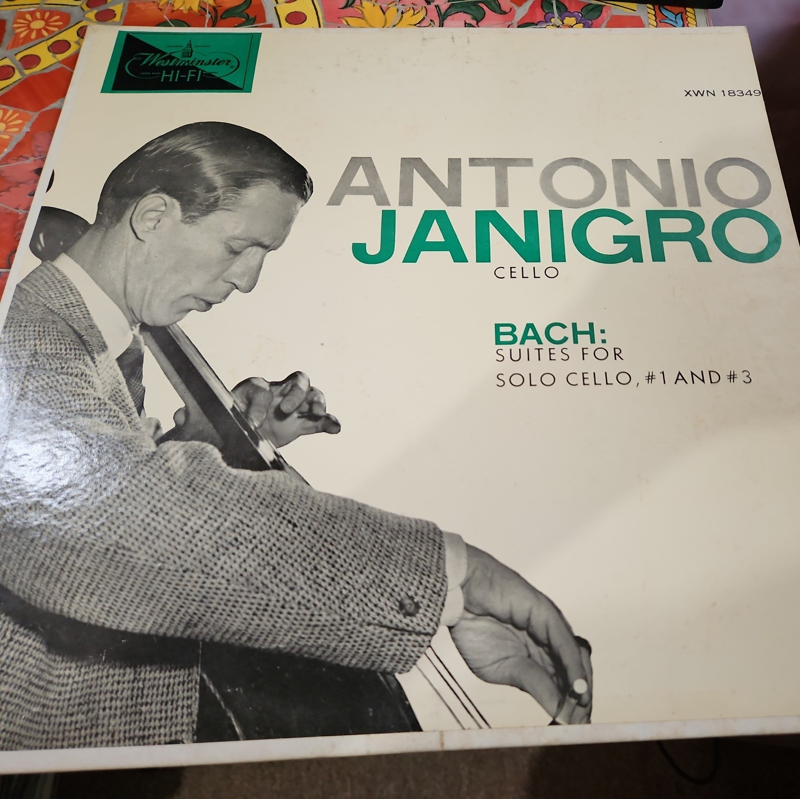 BACH SUITES FOR CELLO 1 & 3 - ANTONIO JANIGRO, USED VINYL LP, WESTMINSTER HI-FI