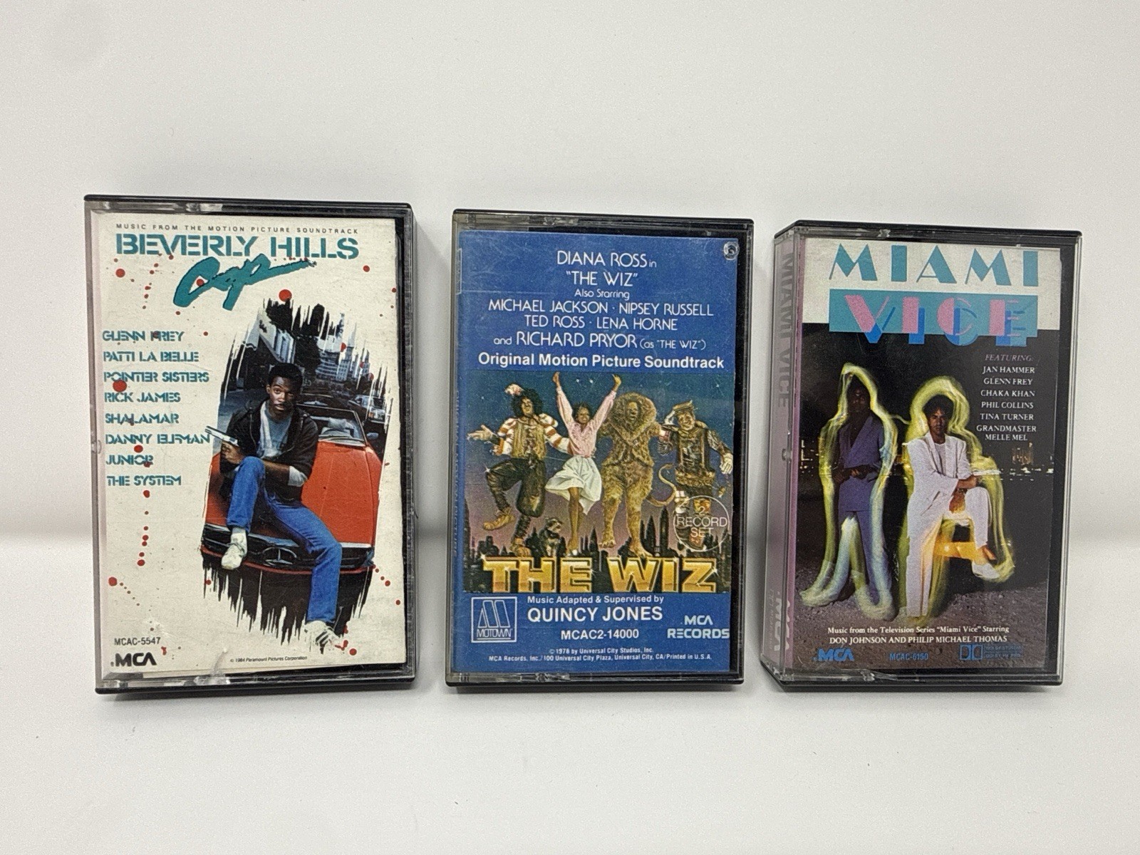 Lot of 3 Vintage Soundtrack Cassette Tapes Miami Vice Beverly Hills Cop The Wiz