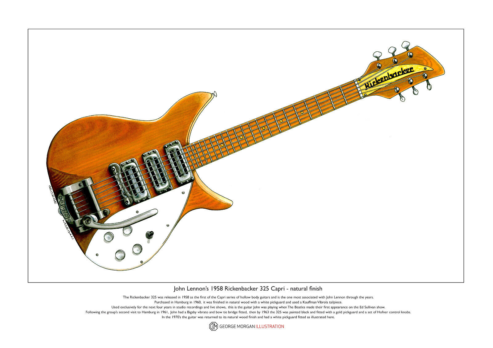 John Lennon\'s 58 Rickenbacker 325 natural finish Ltd Edition Fine Art Print A3 