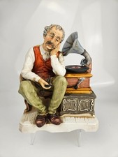 Vintage Music Box Figurine Man Listening Gramophone Rustic Decor picture