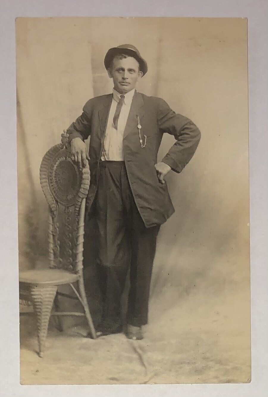 1900’s Real photo postcard Fashion, Gentleman in suit tie hat RPPC unposted 
