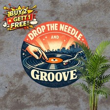Vinyl Record Turntable Audio Sound Crowd Retro Round Metal Tin Sign Decor 8x8 picture
