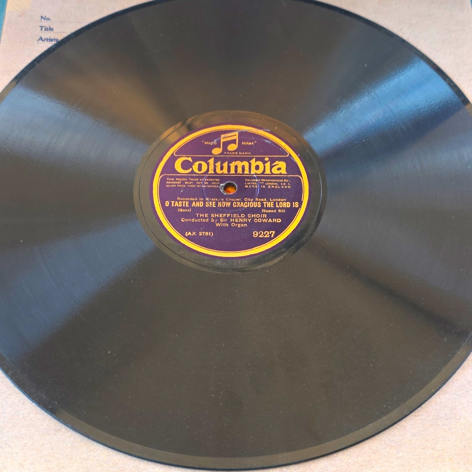 Columbia The Sheffield Choir 78 RPM Record 9227 AX 2761/2764 Sir Henry Coward