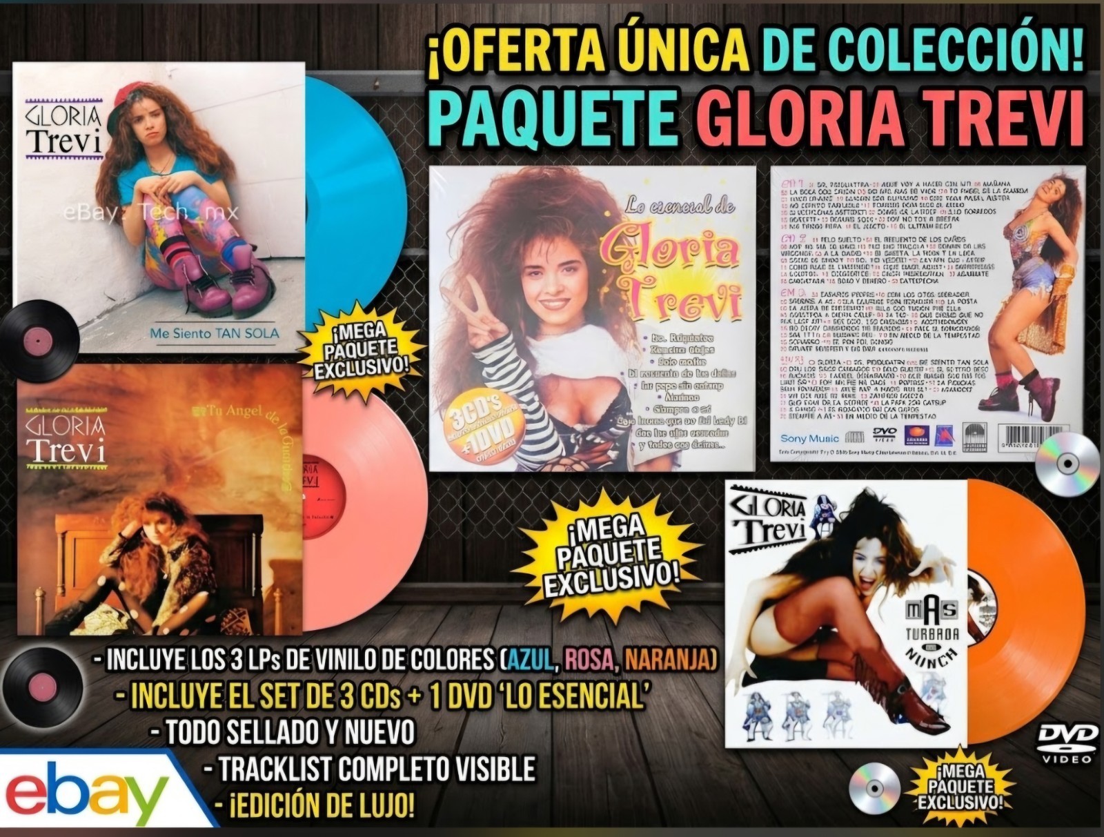 ​PAQUETE GLORIA TREVI (3 LPs DE VINILO DE COLOR + SET 3 + DVD TODO NUEVO SELLADO