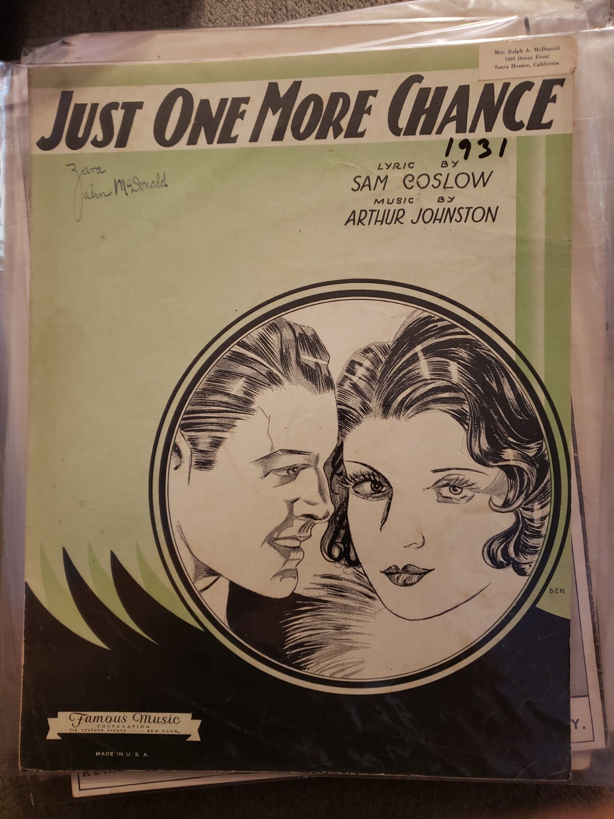 Vintage Sheet Music 1931 Just One More Chance Sam Coslow Arthur Johnston