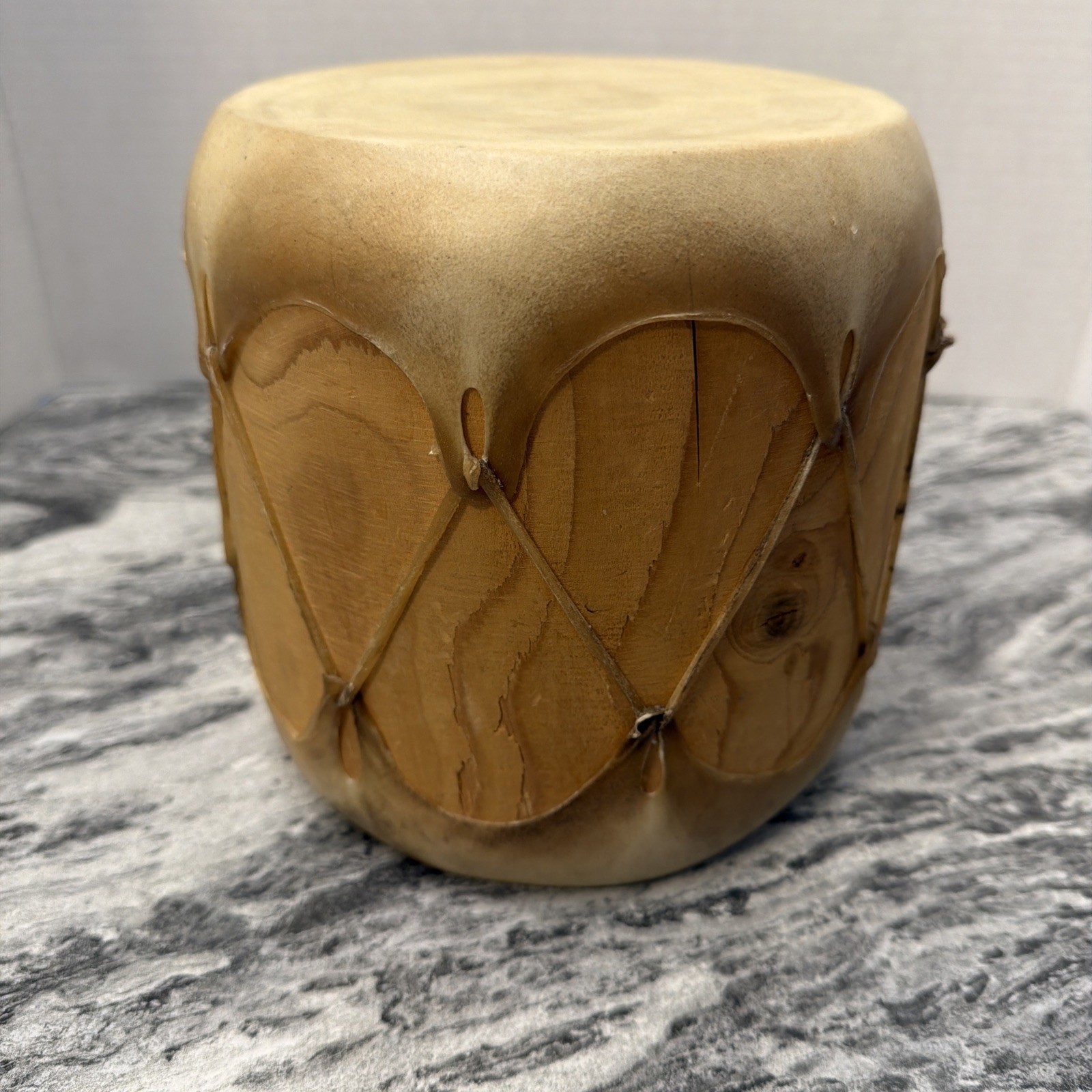 Native American Indian Rawhide Stretched Leather Wood Log Drum Double Sided