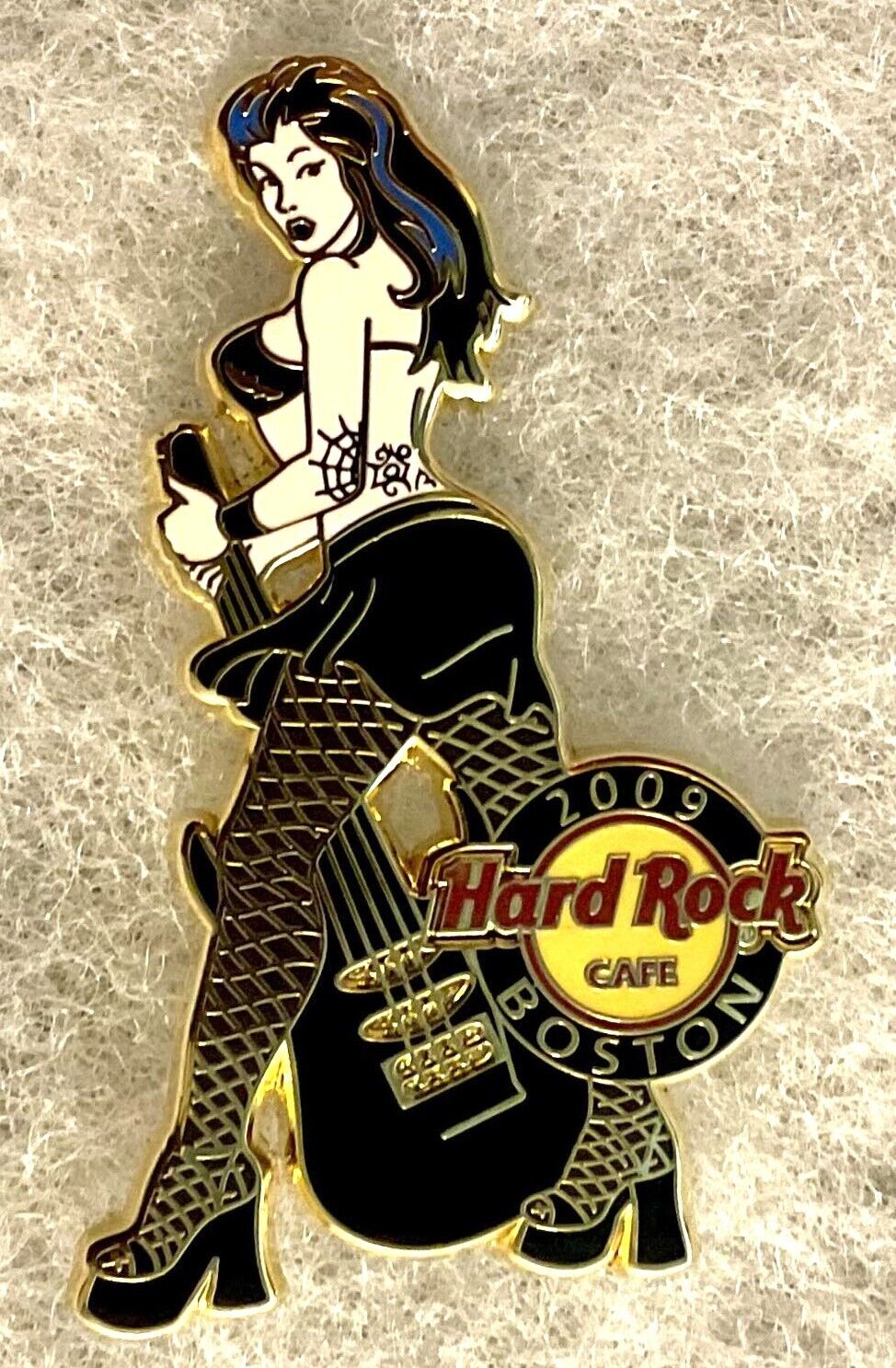 HARD ROCK CAFE BOSTON SEXY ROCK GIRL DRESSED IN BLACK WITH GUITAR PIN # 47790