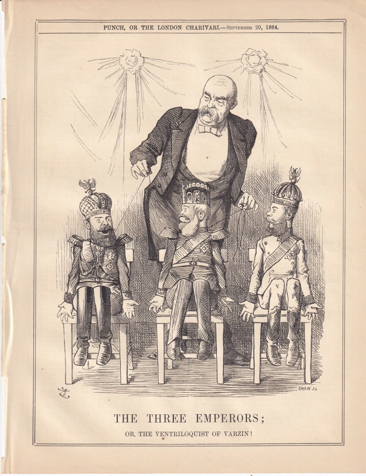 1884 Punch Cartoon Three Emperors with Bismarck want Peace in Europe