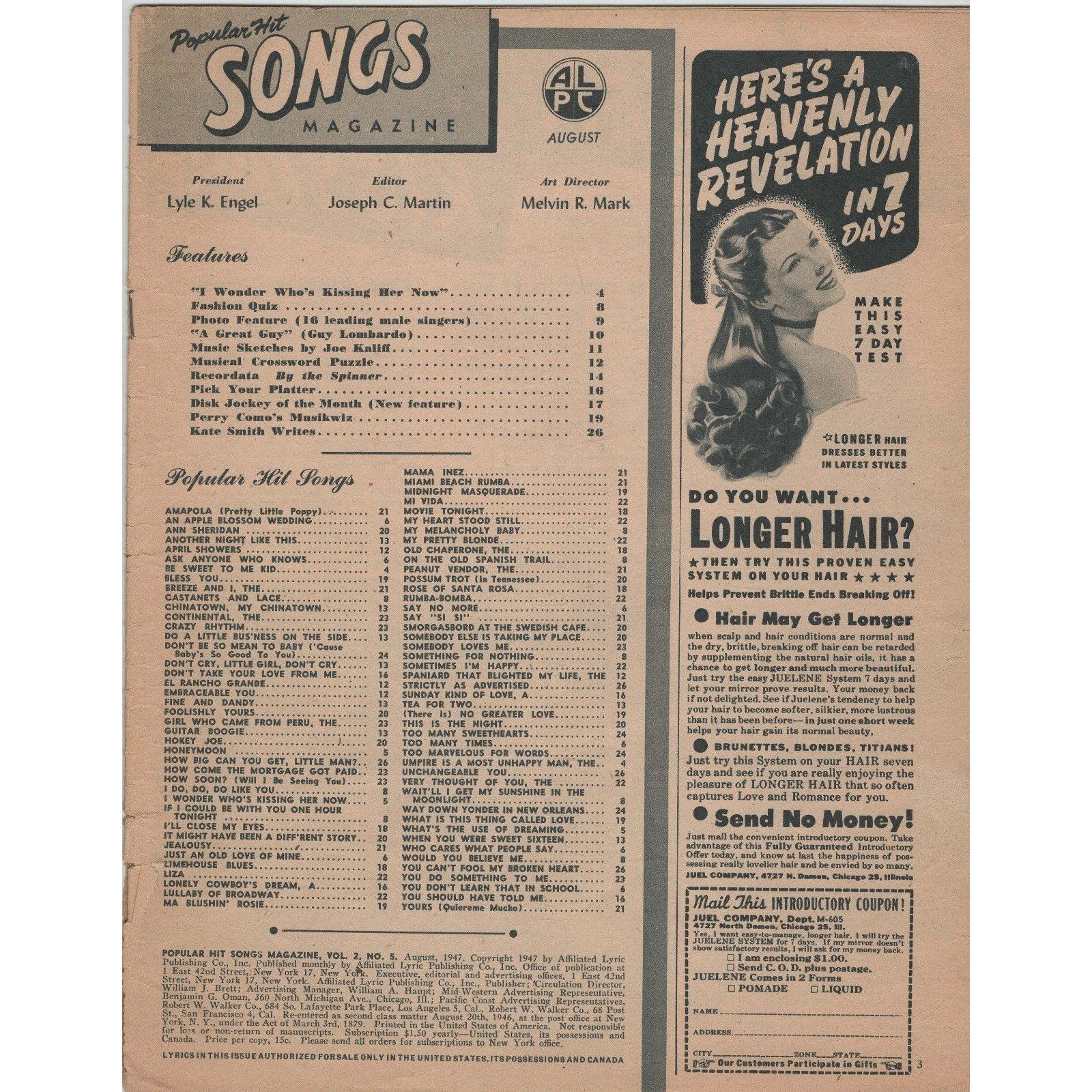 Popular Hit Songs Magazine August 1947 Vol 2 No 5 Kate Smith Guy Lombardo Lyrics