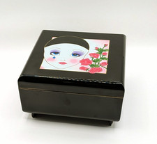 Vintage Japanese Lacquer Music Jewelry Box Crying Pierrot Roses Mirrored Velvet picture
