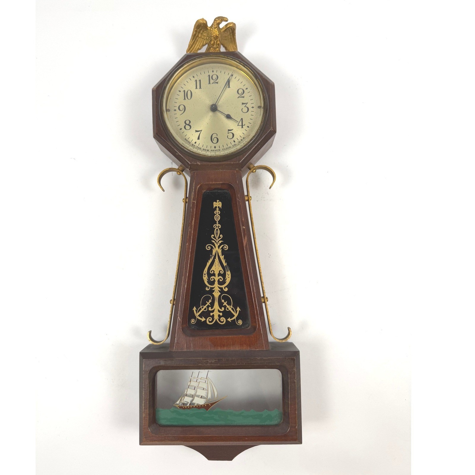 Vintage New Haven Banjo Clock Case Nautical Ship Eagle Wood Brass 19in