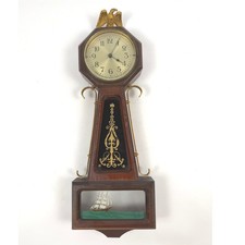 Vintage New Haven Banjo Clock Case Nautical Ship Eagle Wood Brass 19in picture