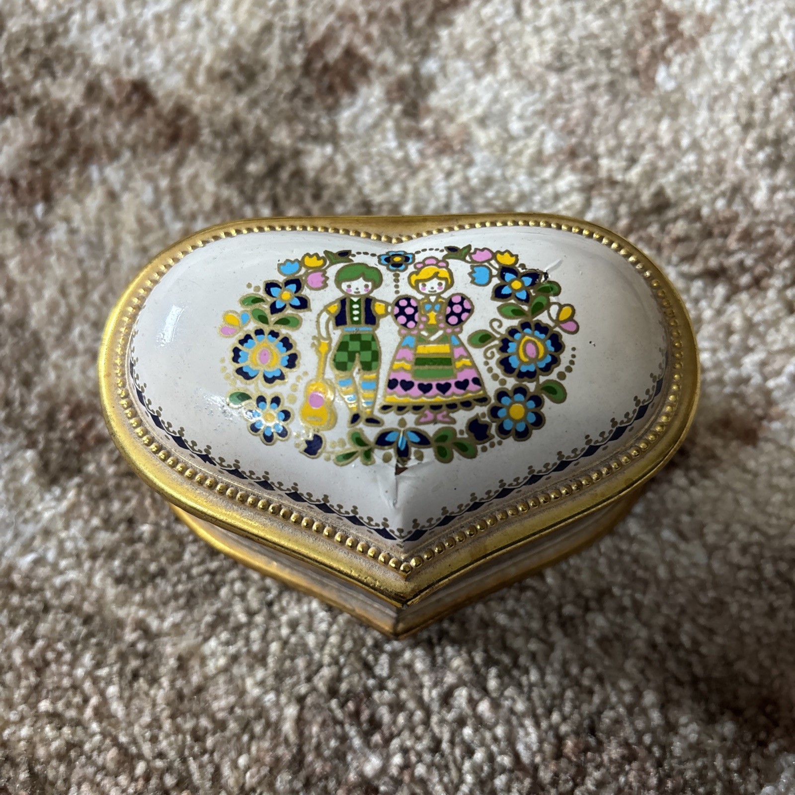 Vintage Sankyo Blue Heart Musical Trinket Box 1970s Gold Tone Enamel Brass VGC