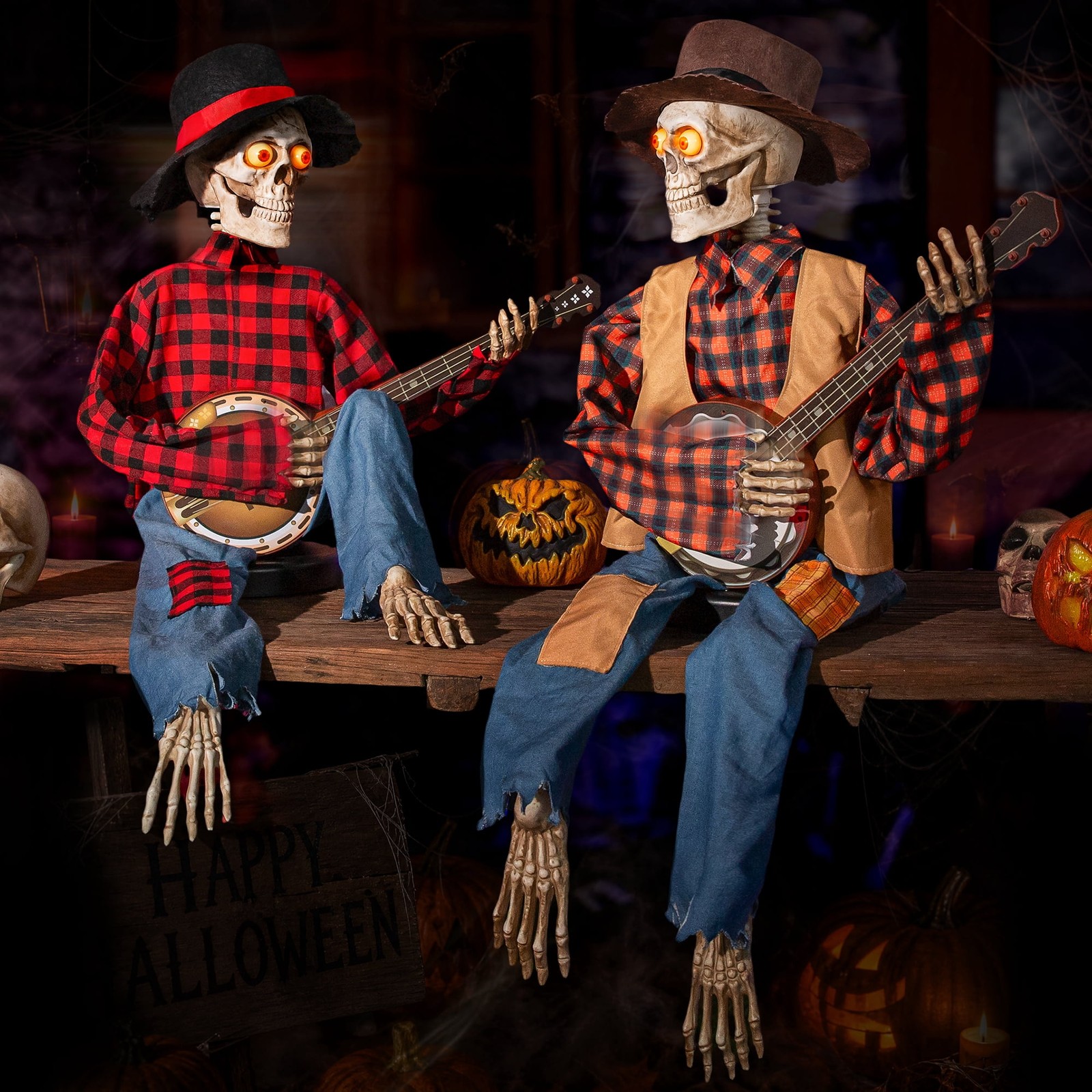 Halloween Animatronics Banjo Skeletons Duo Decorations Animated Skull w/ Sound