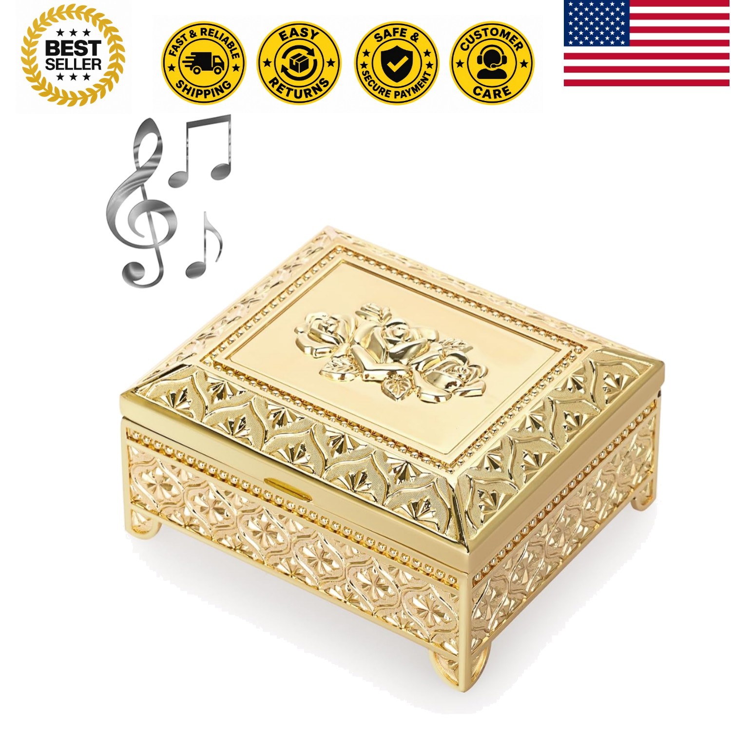 Vintage Music Box, Gold Metal Musical Jewelry Box Keepsake Box, Rose Pattern ...