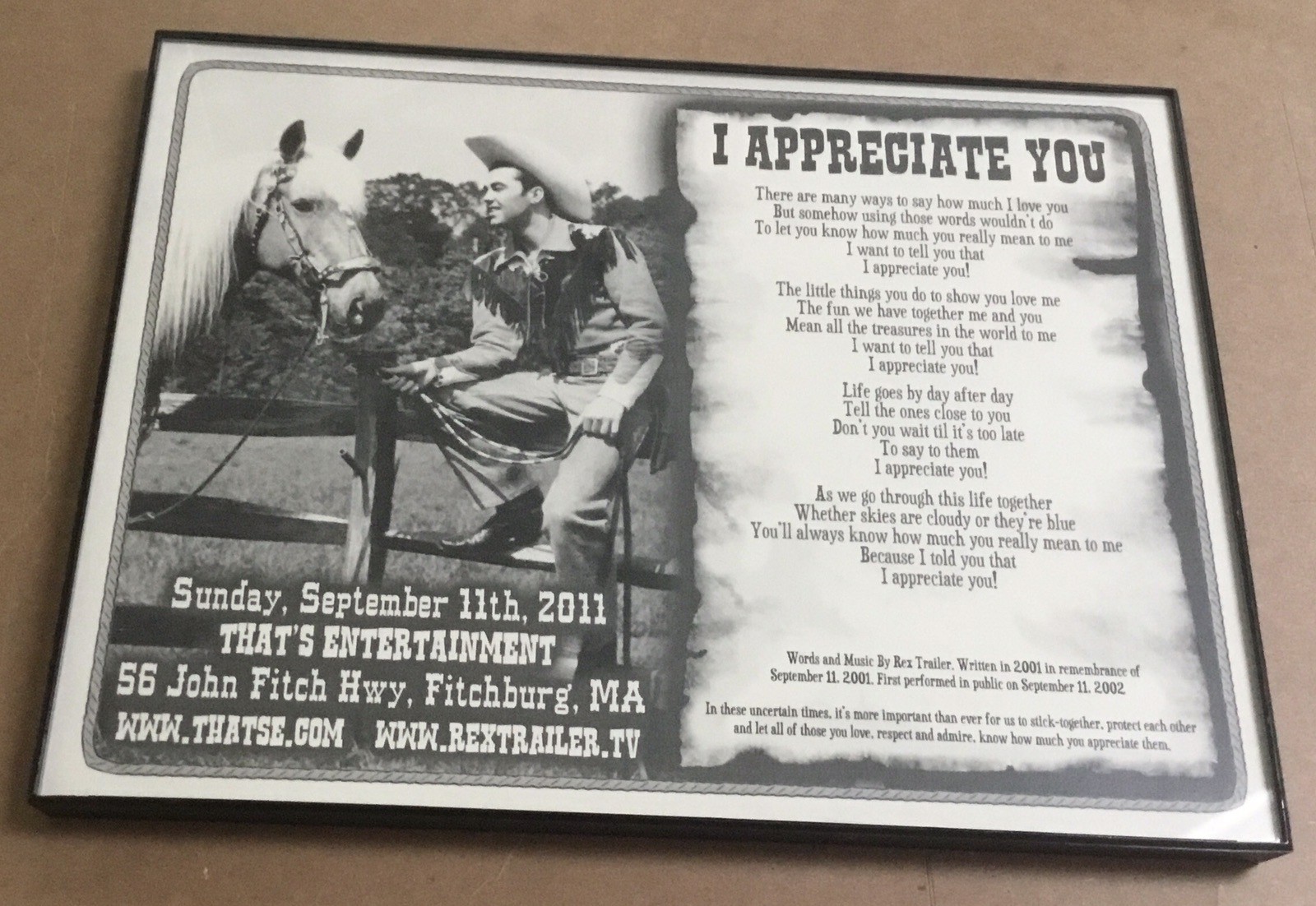 Rex Trailer Framed 8x10 Collectible Photo With Song Lyrics “I Appreciate You”
