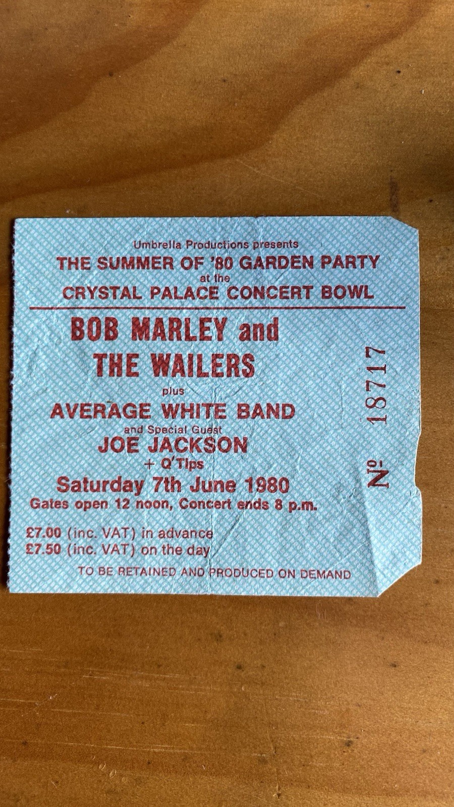 Bob Marley 1980 Crystal Palace Concert Ticket Stub - Final London Gig CLEAN BACK