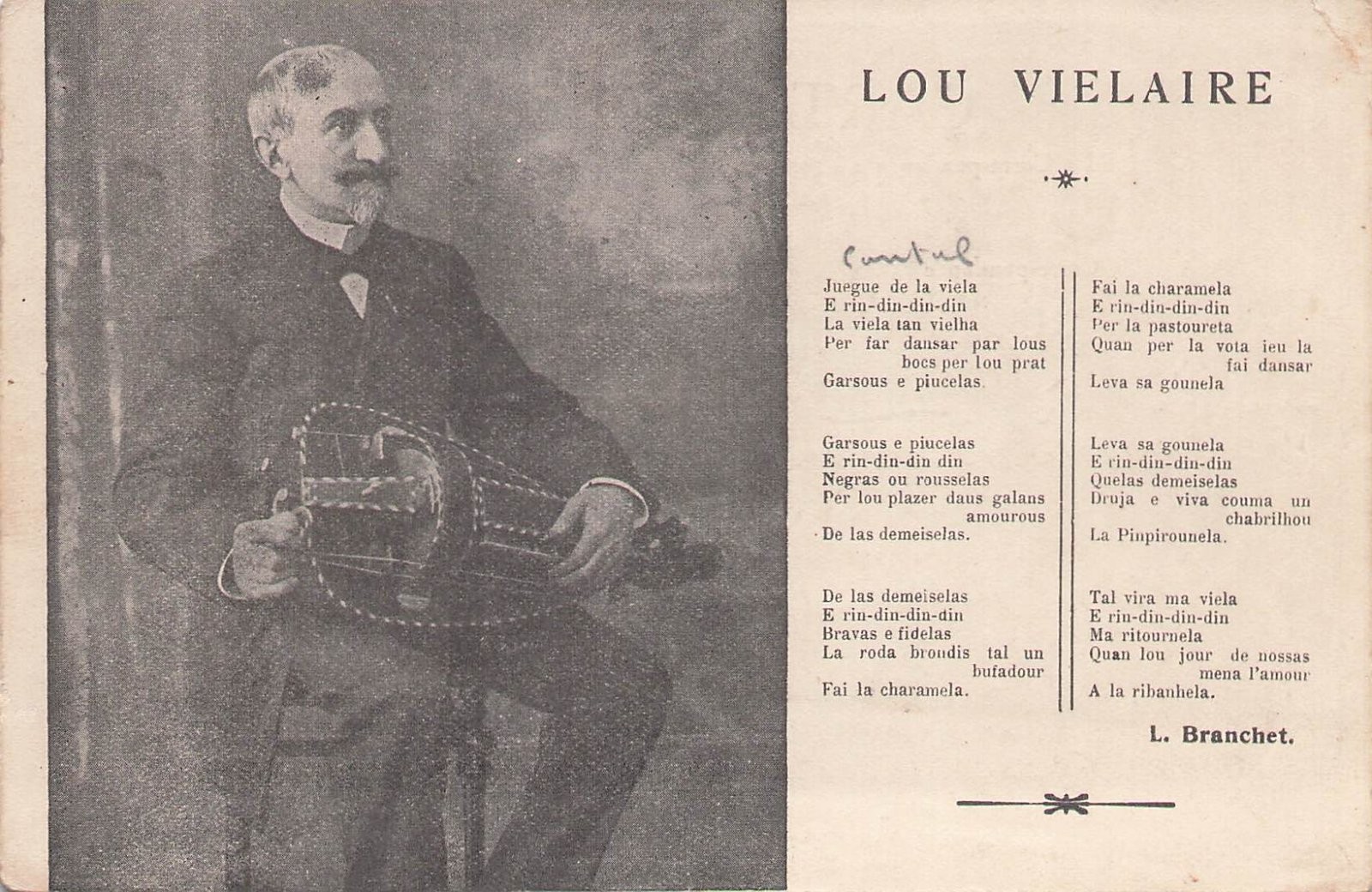 Lou Vielaire Hurdy Gurdy Man Musician French Song Lyrics L. Branchet Postcard