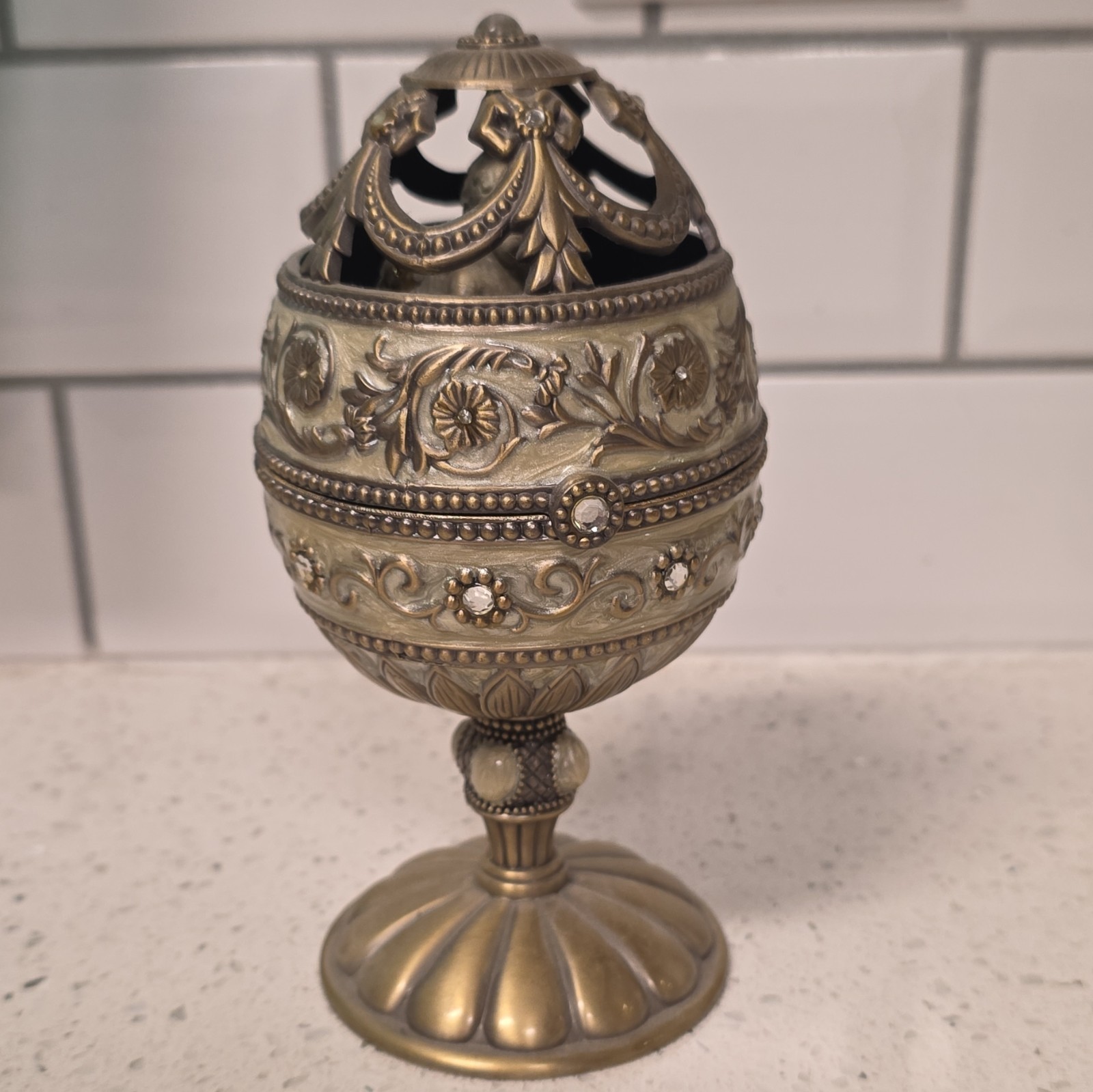 Vintage Pedestal Music Box Ornate Egg Embellished Rhinestones Angel Inside Works