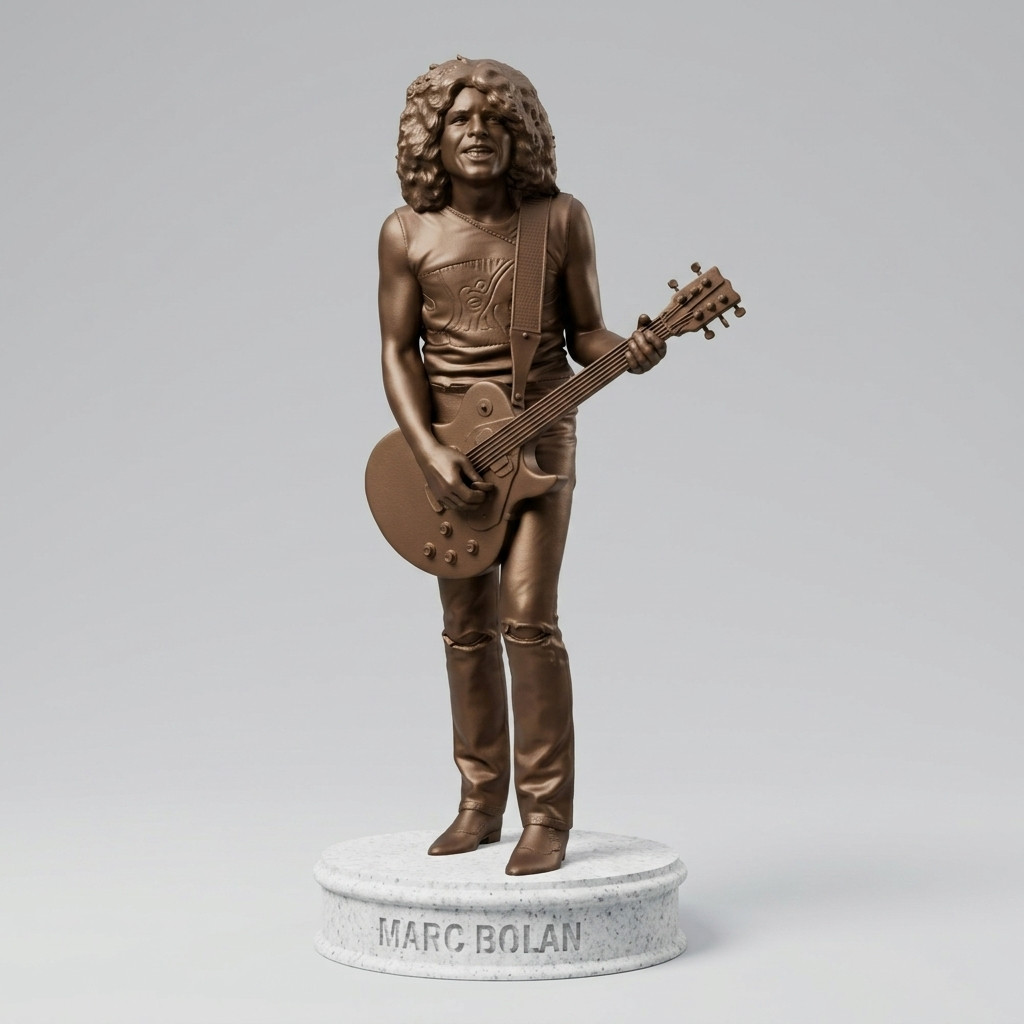 Marc Bolan statue – Bronze Effect Sculpture on Engraved White Stone Effect Base