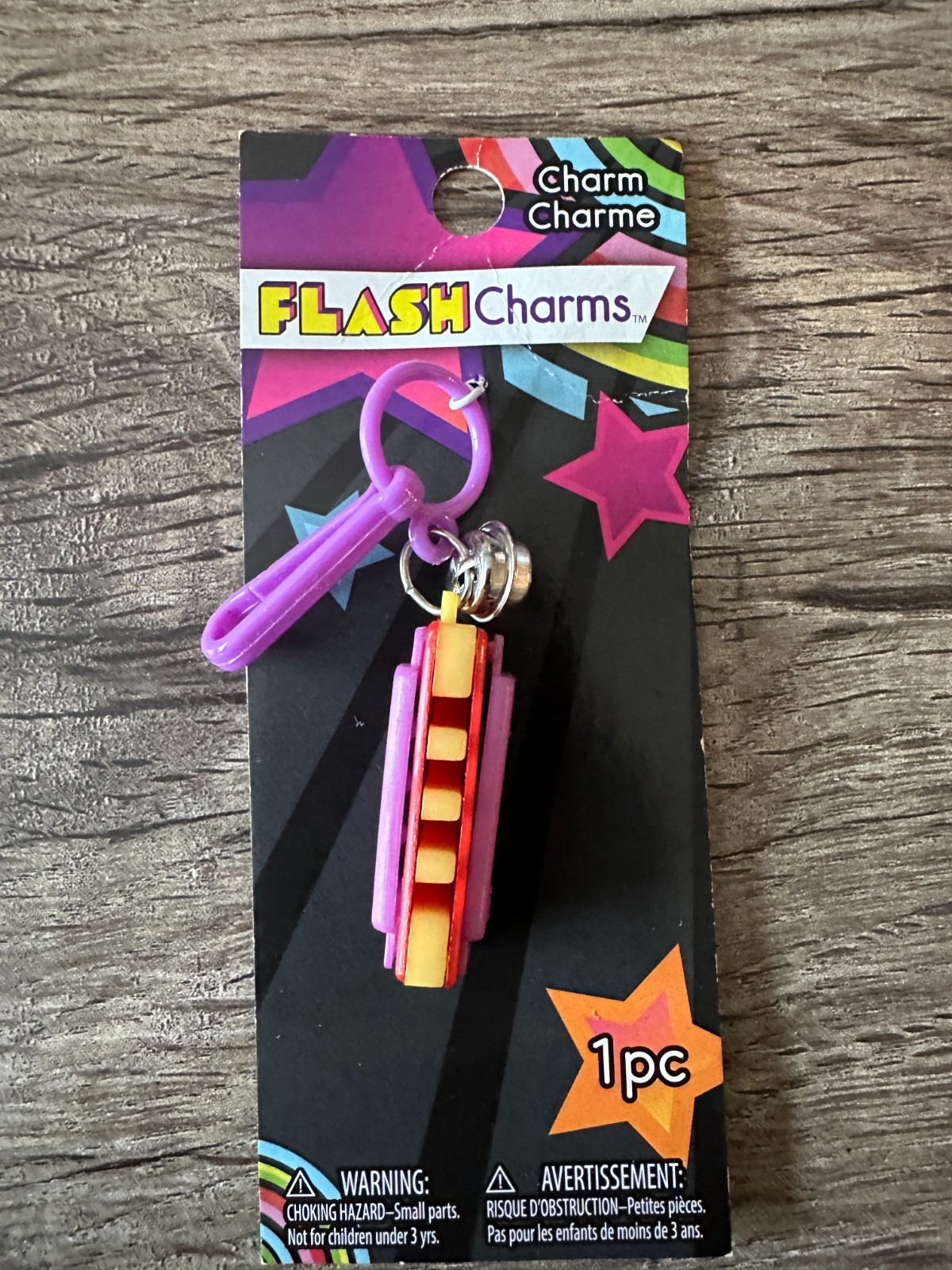 Flash Charms Plastic Harmonica with Bell & Clip New on Card
