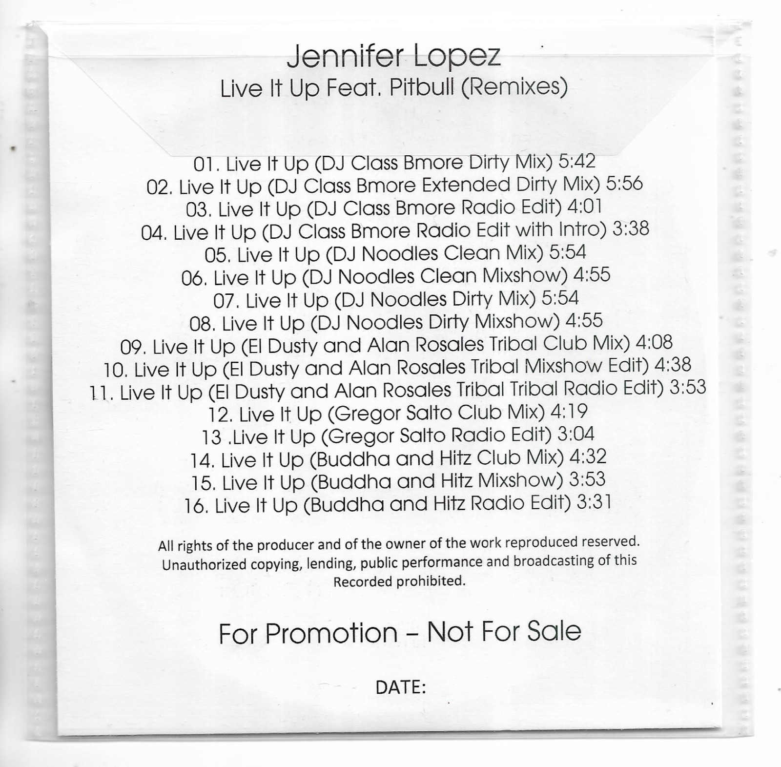 JENNIFER LOPEZ feat. PITBULL - LIVE IT UP * PROMO * 2013 * 16 TRACKS * RARE