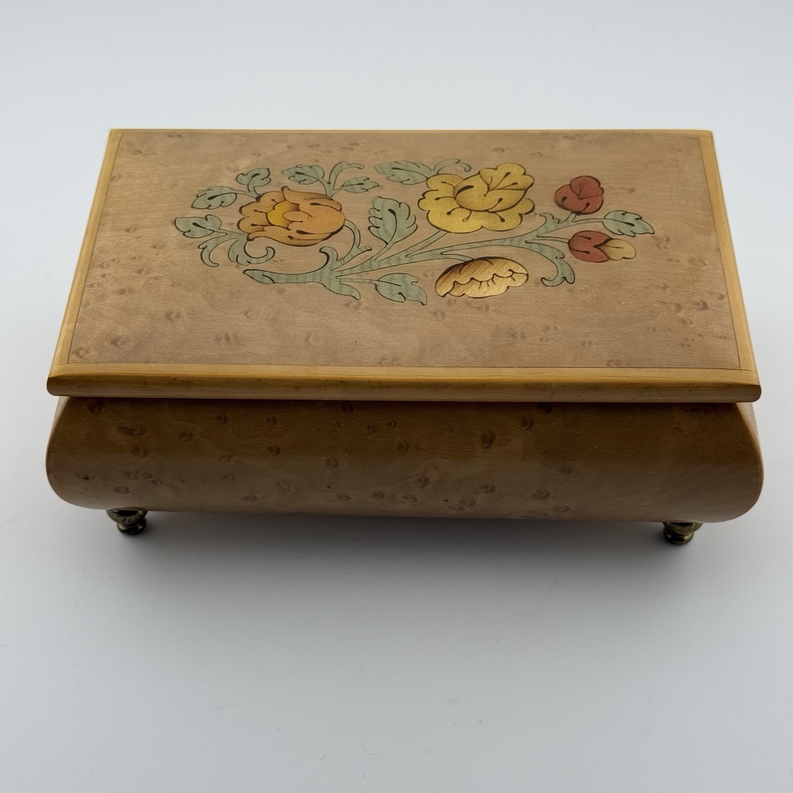 Vintage Reuge Italian Music Jewelry Box Floral Inlay Swiss Movement Italy