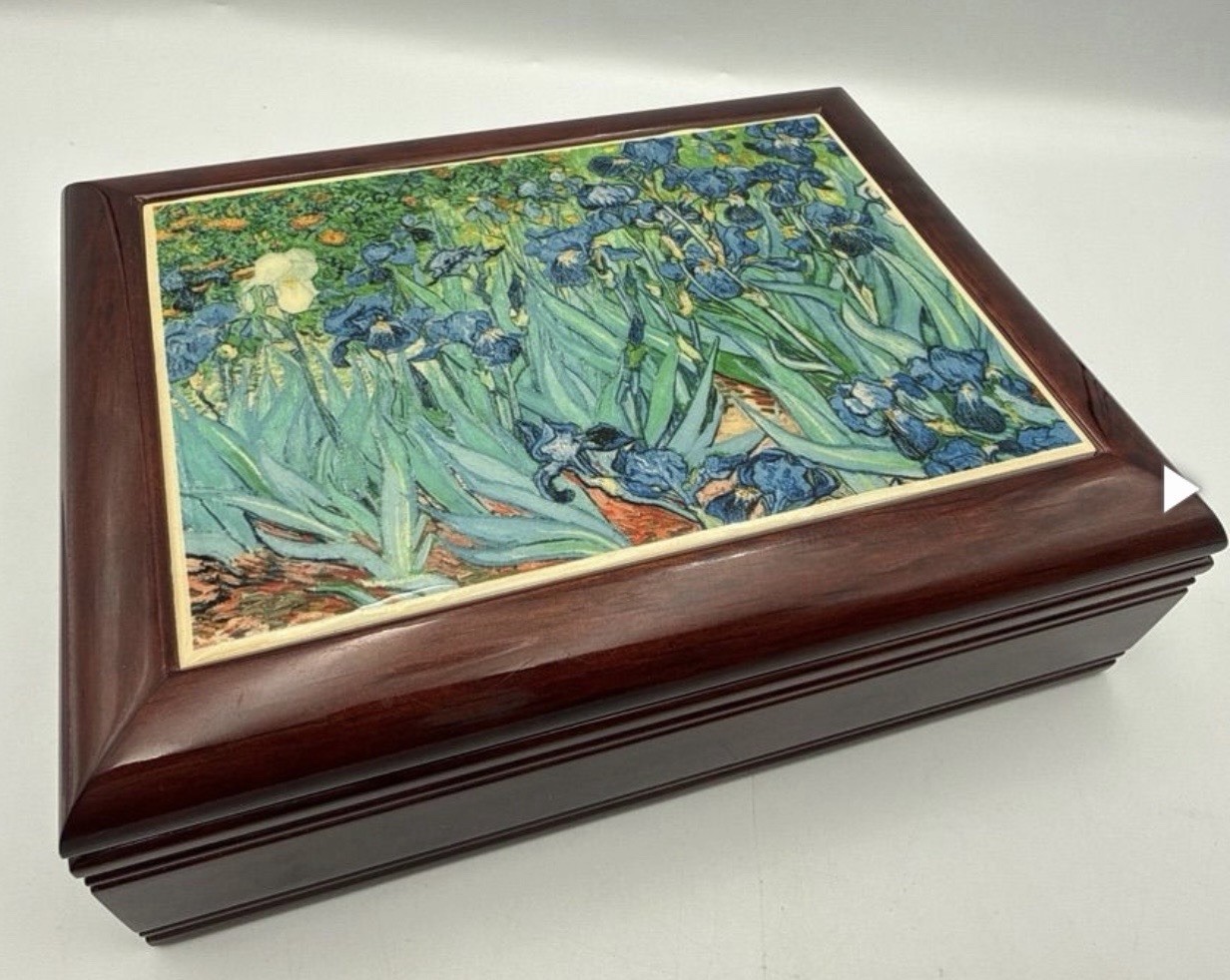 Vintage Rosewood Music Jewelry Box Van Gogh Irises Tile Velvet Interior Working
