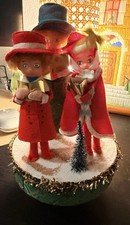 Vintage Music Box Christmas Caroler Trio Figurine on Round Wood Base Japan picture