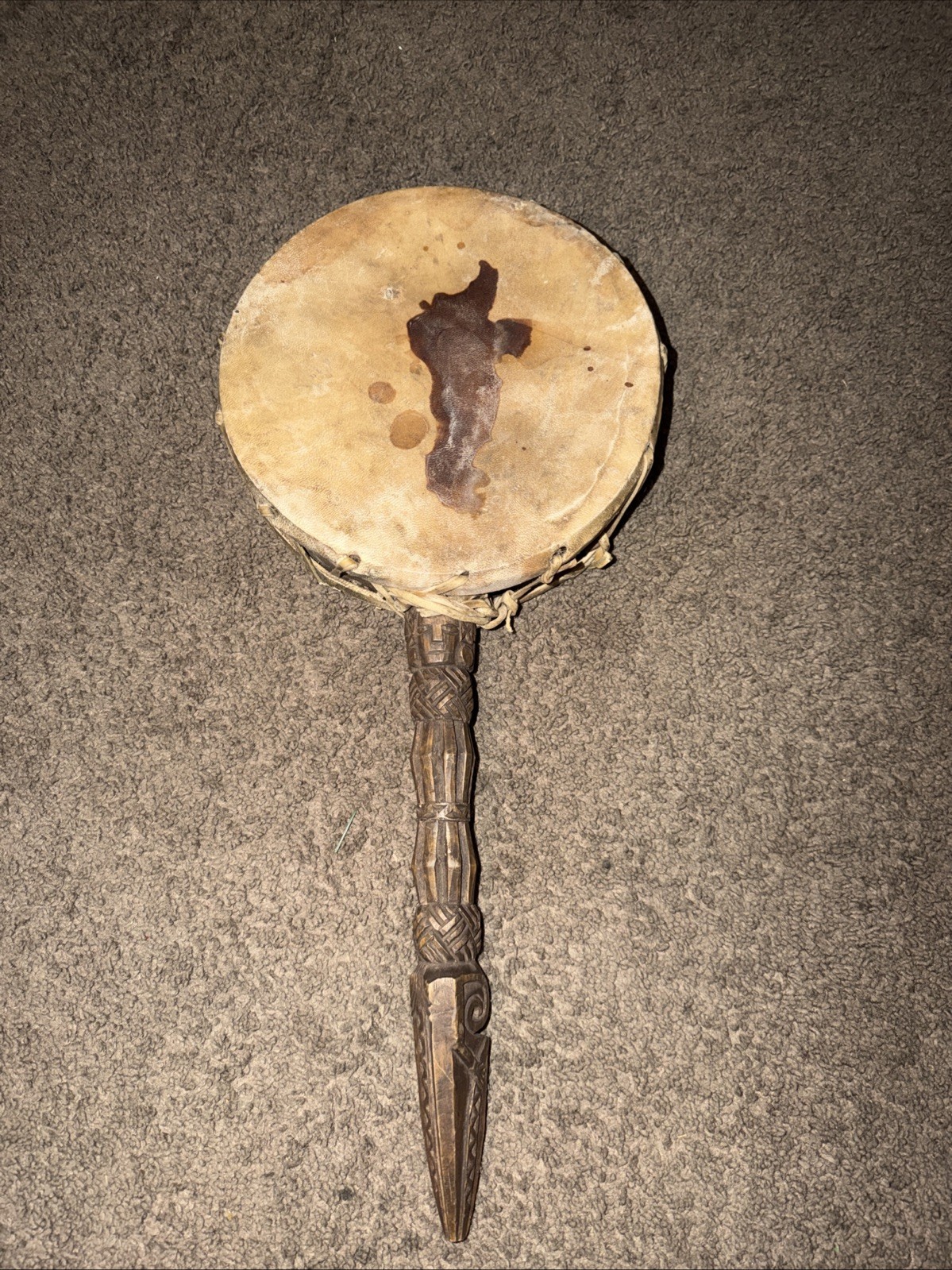 Vintage Nepalese Dhyāngro Shaman Drum Carved Phurba Handle Himalayan Ritual Art