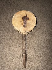 Vintage Nepalese Dhyāngro Shaman Drum Carved Phurba Handle Himalayan Ritual Art picture