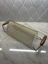 Vintage Brass Vinyl Record Holder Organizer Tabletop Stand Rack Wood Handles picture