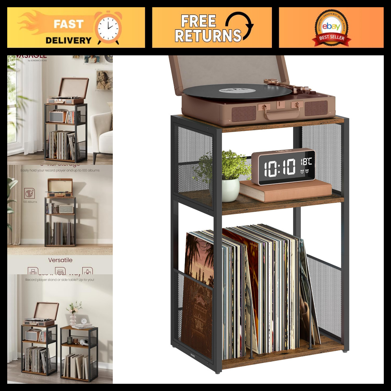 3-Tier Vinyl Record Player Stand, Storage for Up to 100 Albums, Modern Design