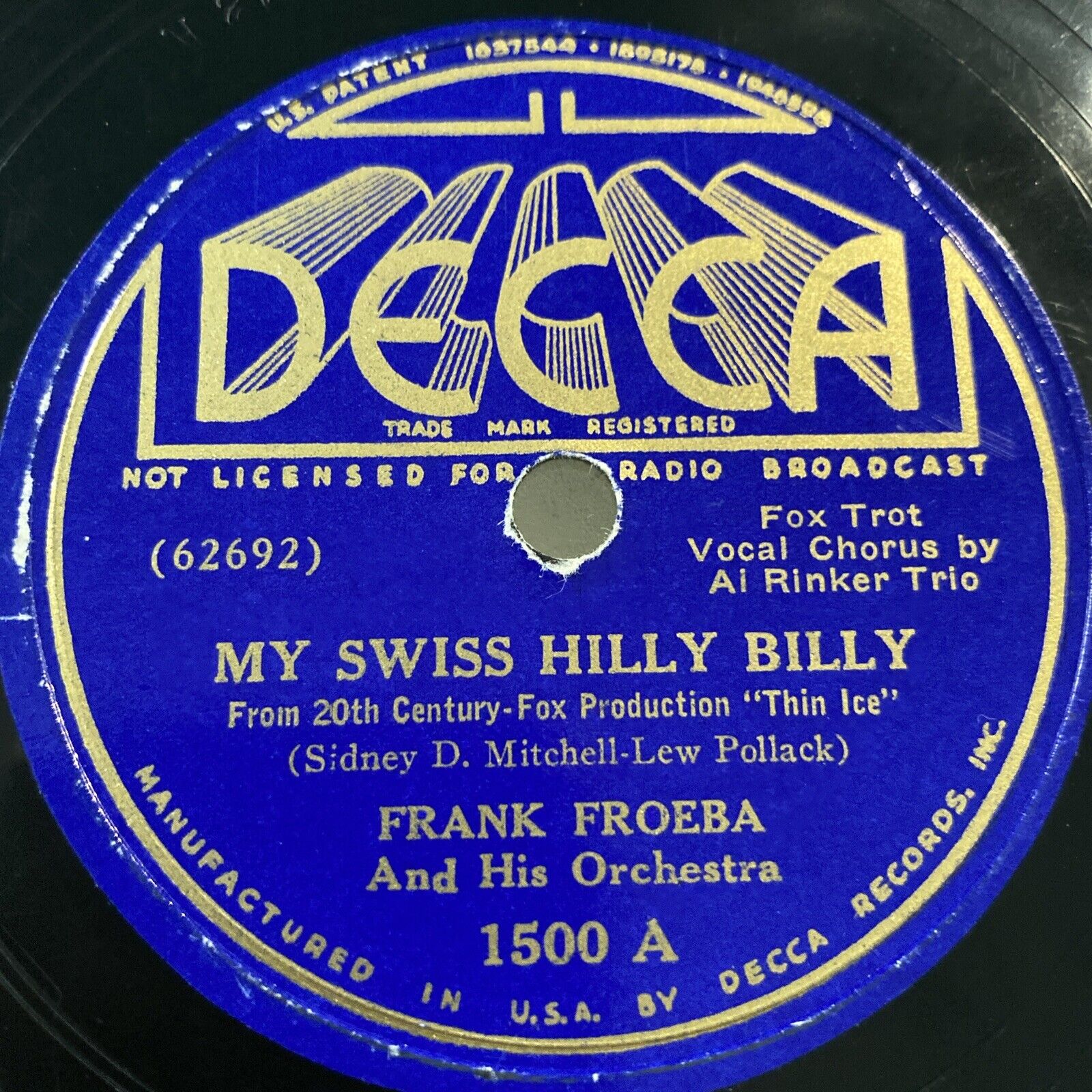 PREWAR JAZZ Frank Froeba 78 rpm DECCA 1500 MY SWISS HILL BILLY 1937 V+