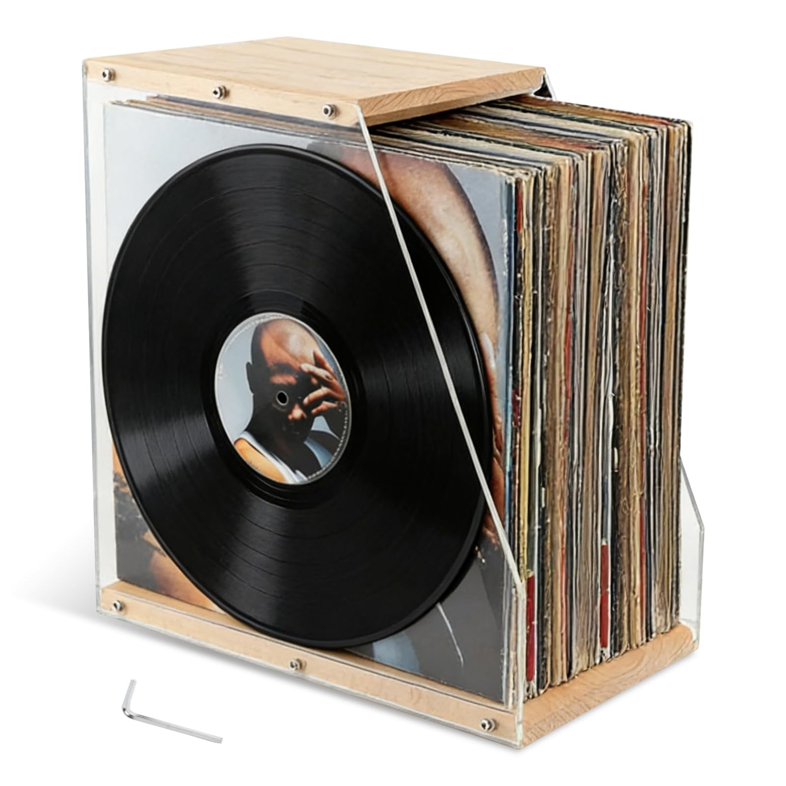 Wooden Vinyl Record Storage Crate Acrylic Side Holder Organizer for Albums