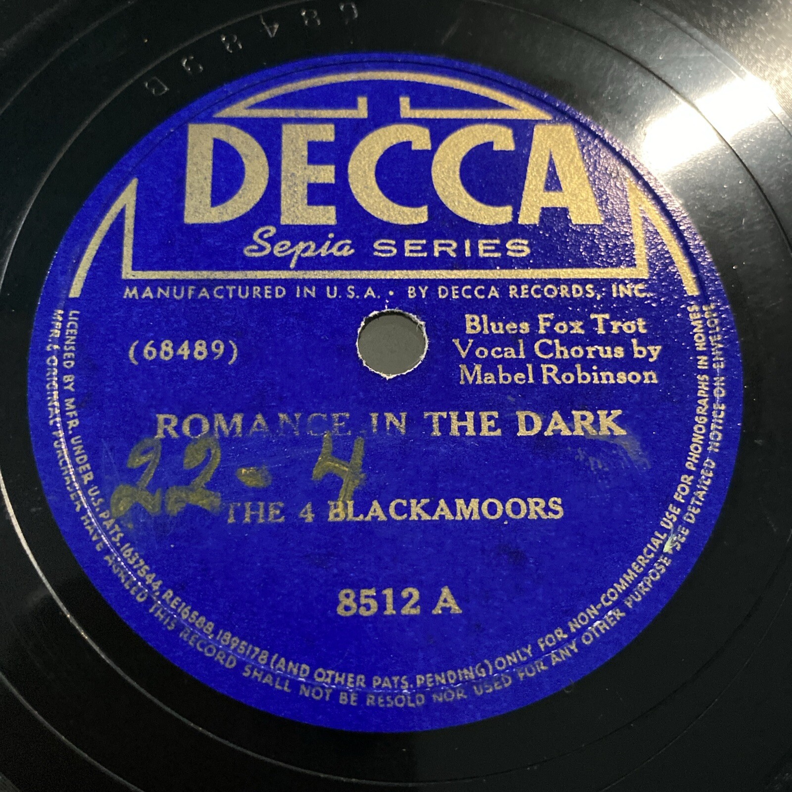 1940 BLUES 4 Blackamoors Mabel Robinson 78 rpm DECCA 8512 ROMANCE IN THE DARK E