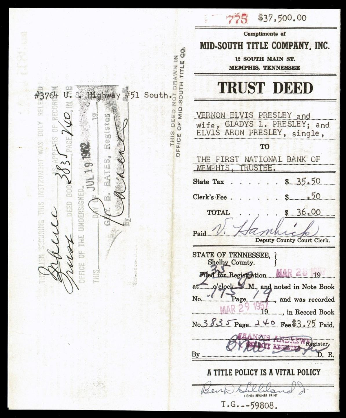 Elvis Presley Graceland Purchase Trust Deed 1957 Official Replica Memorabilia