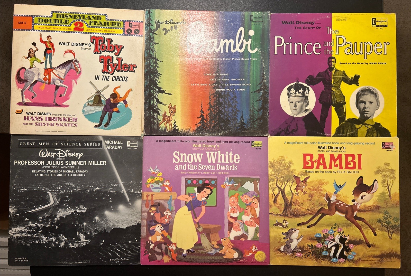 Disneyland Records 6 X LP Disney Record Lot Snow White / Bambi / Prof. Wonderful