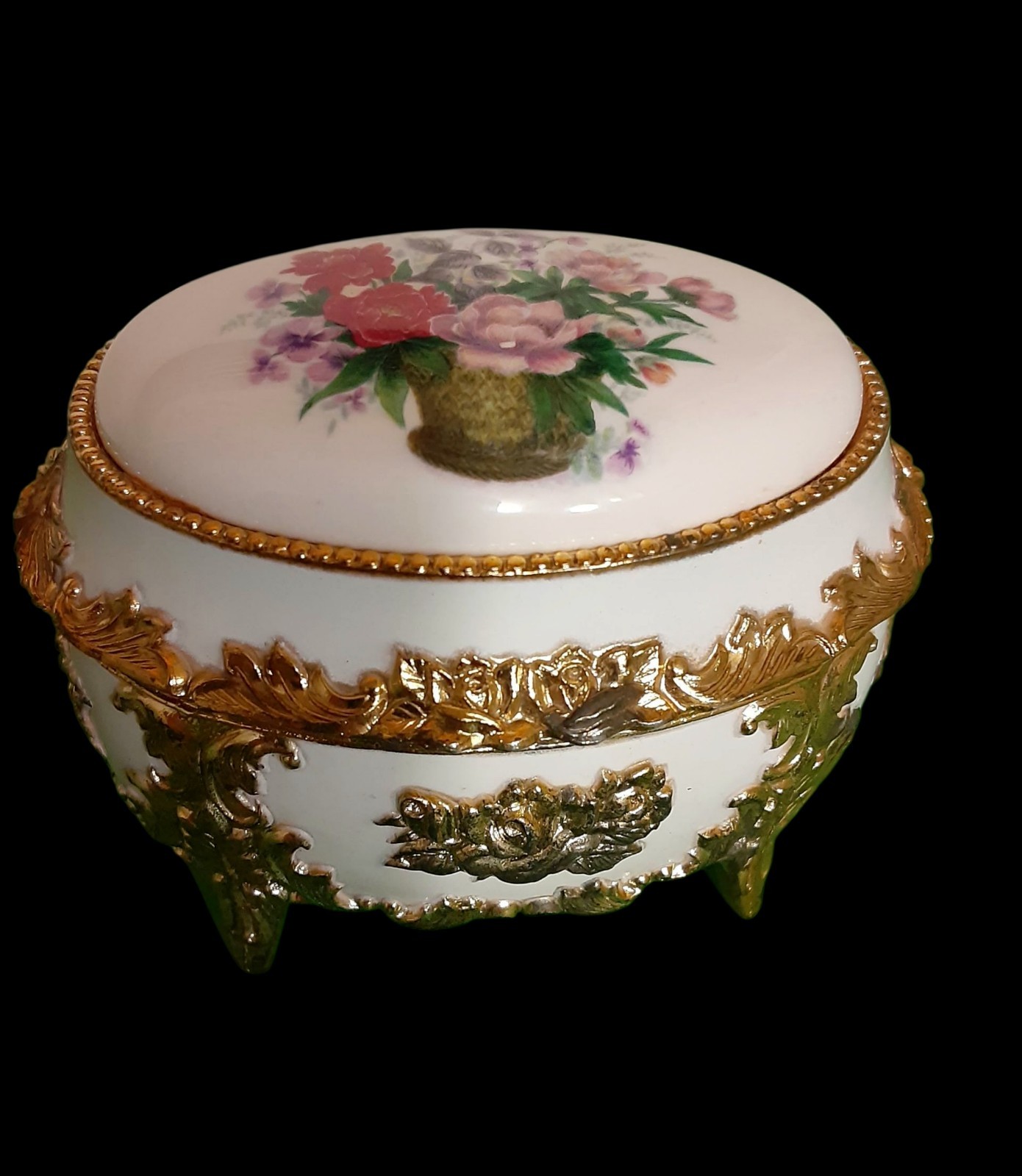 Vintage Music Porcelain Footed Enamel Trinket Jewel Music Box Pansies Flora