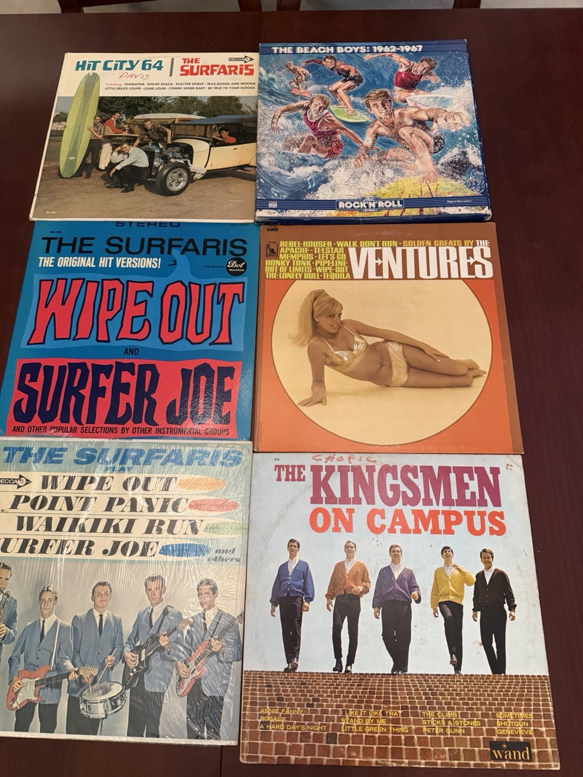 Vintage Surf Rock Vinyl Lot 6 Albums 7 LPs Beach Boys Surfaris Ventures Kingsmen