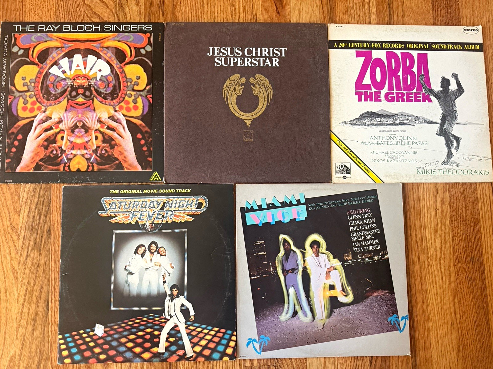 5 Vintage Soundtrack Vinyl LP Lot Saturday Night Fever Miami Vice Hair Jesus