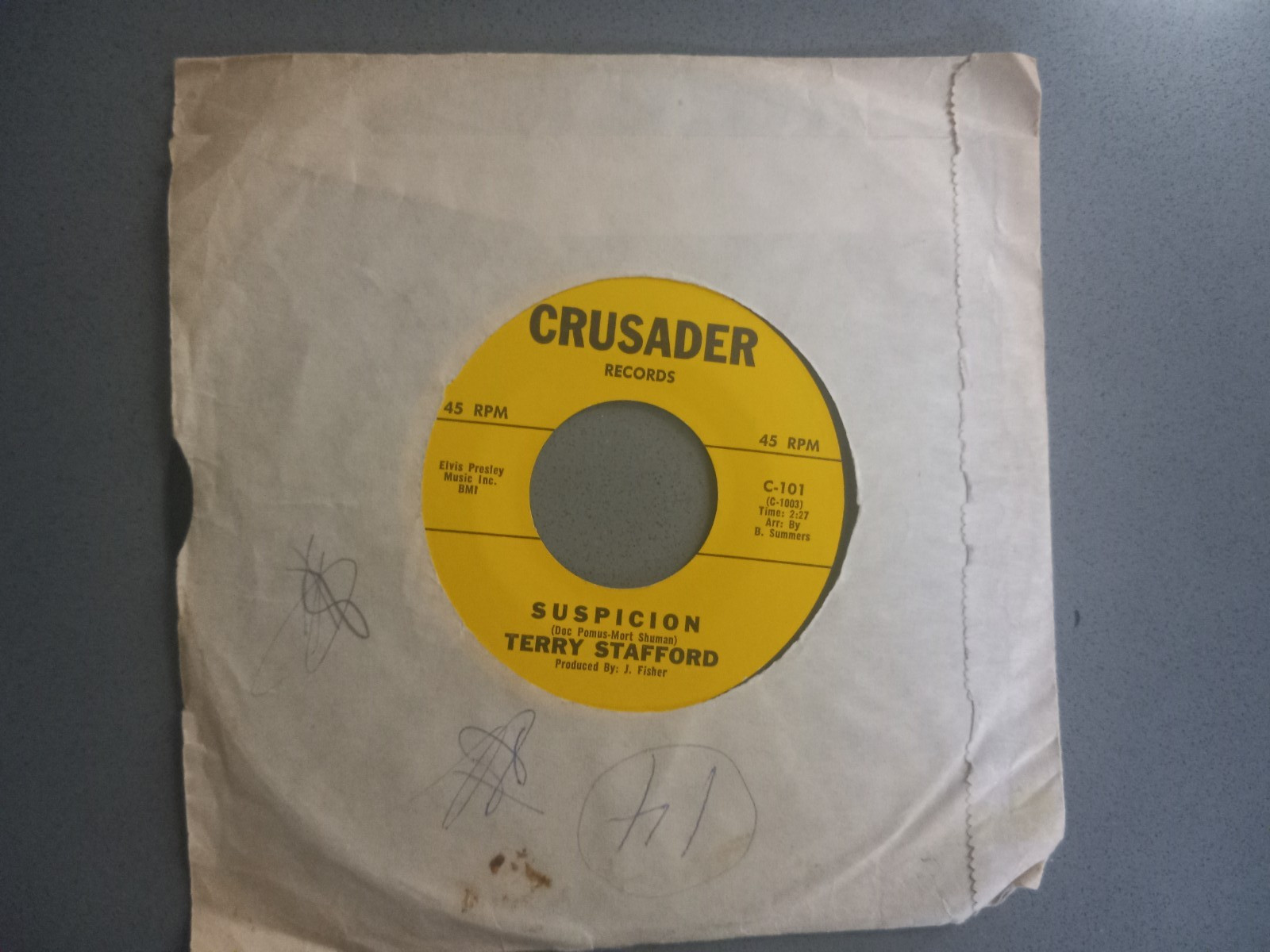 45 rpm record  Suspicion by Terry Stafford on Crusader Records